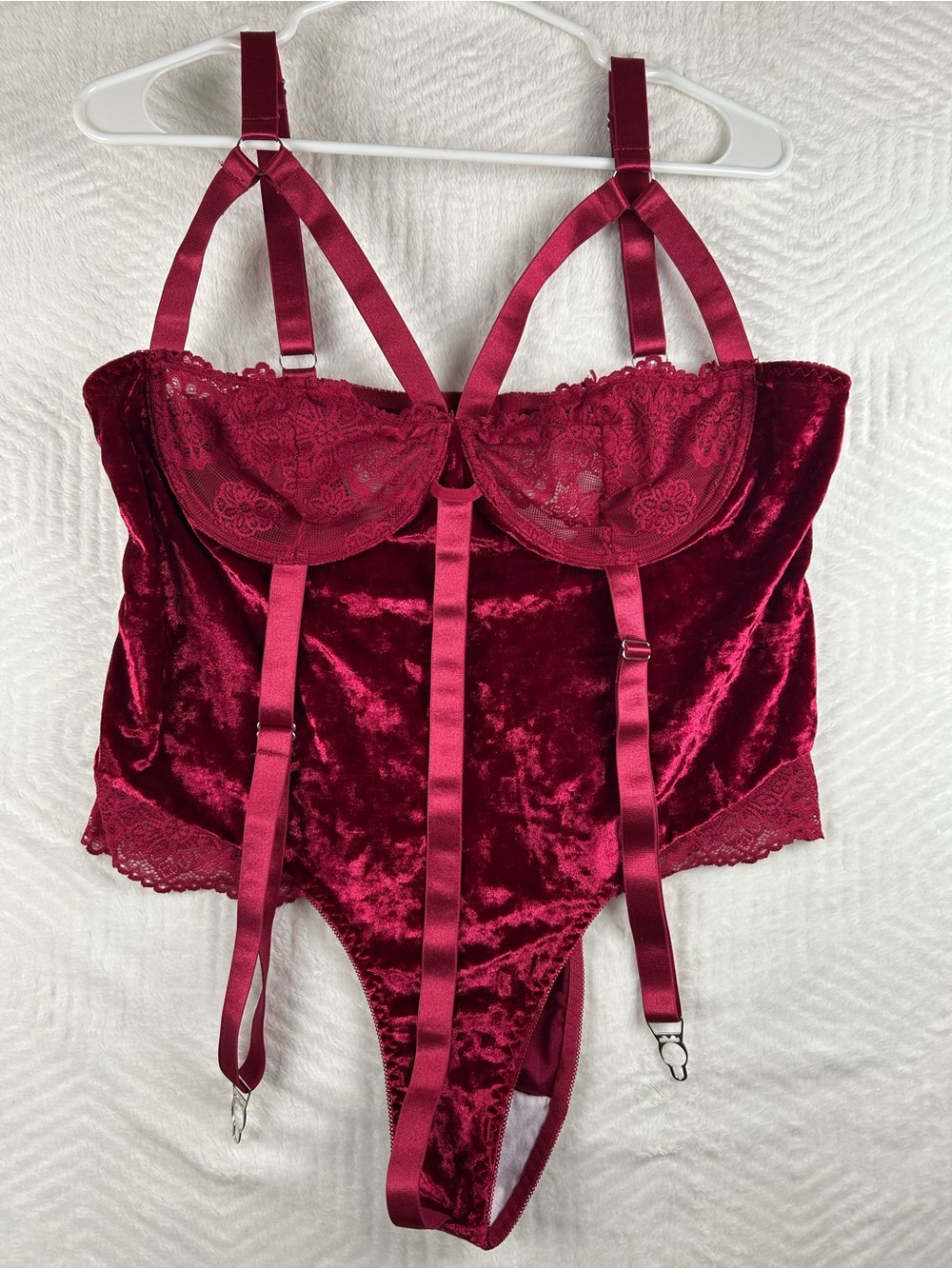 Women's Burgundy Velvet Lace Bodysuit with Strappy Details